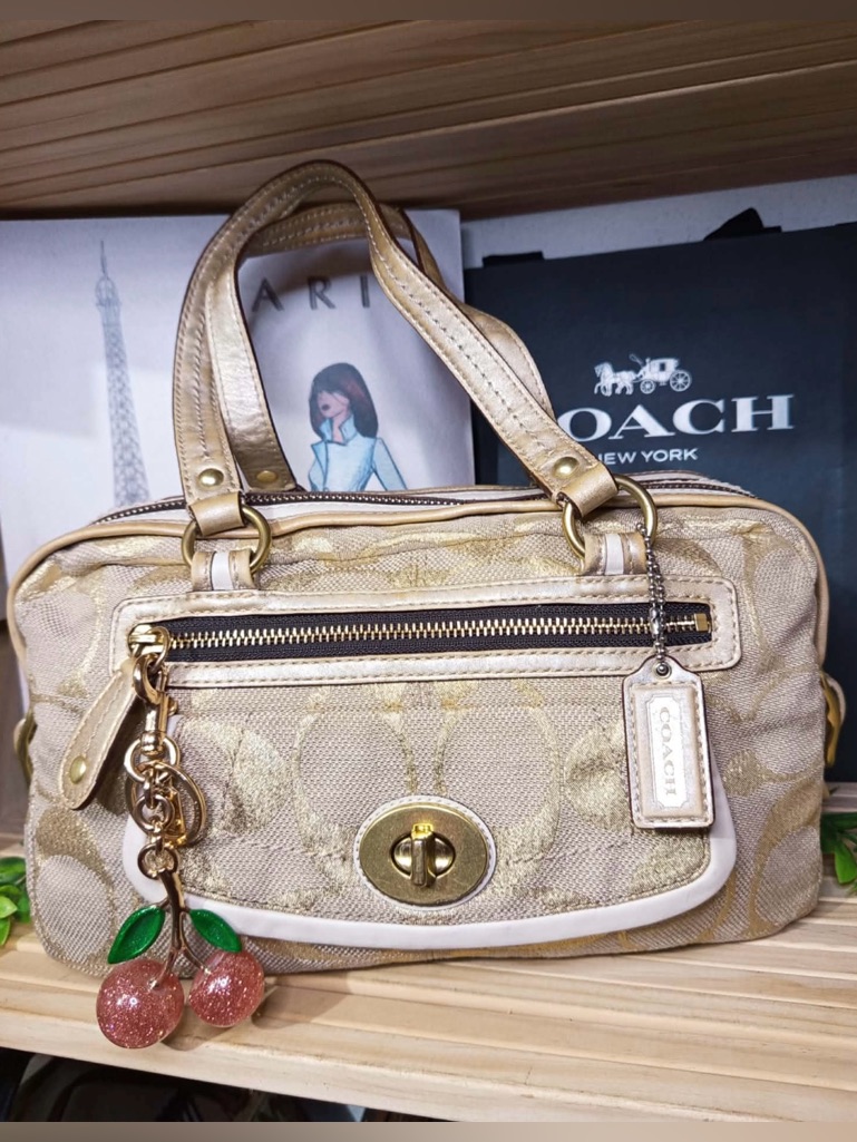 Coach Vtg Metallic Gold Bonnie Linen Lurex Satchel Shoulder Handbag Purse #13502